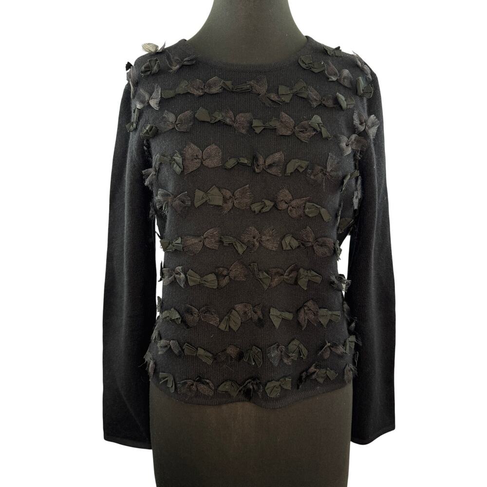 Emanuel Ungaro Black Sweater Cashmere Knit BOW Detail Crew Pullover Size Large L